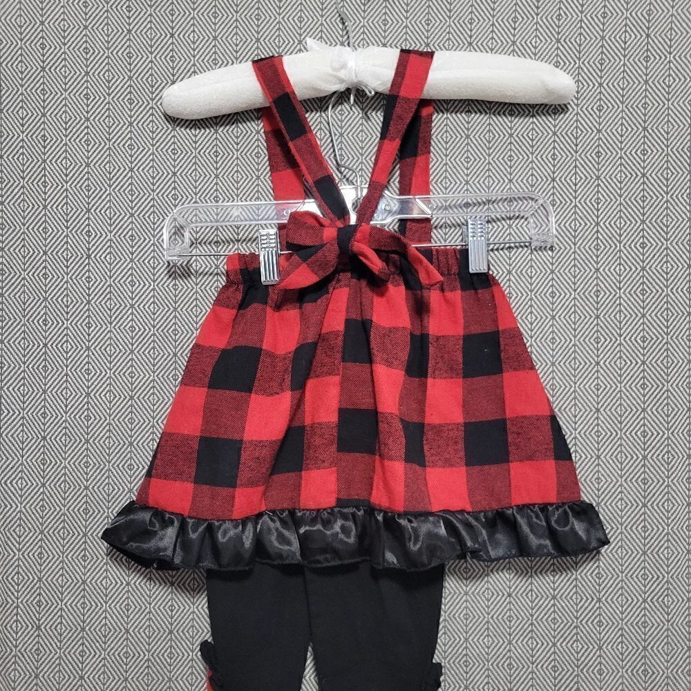 2 Piece SET Red And Black Checkerboard Lumberjack Overalls Skirt & Leggings SET - Picture 4 of 13